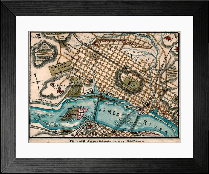Framed Print : Map of Richmond, Virginia during USA Civil War, 1863 Framed Print : Map of Richmond, Virginia during USA Civil War, 1863
