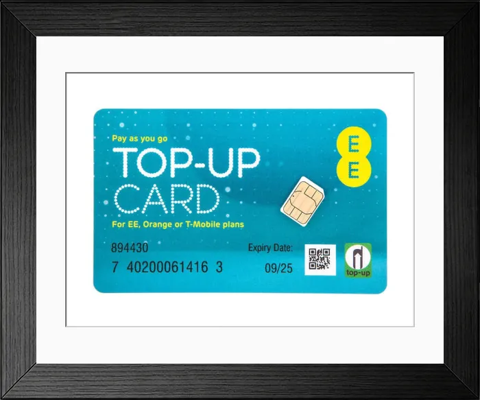 Framed Print : EE Pay as you go top-up card with SIM for EE, Orange or T-Mobile Services Framed Print : EE Pay as you go top-up card with SIM for EE, Orange or T-Mobile Services