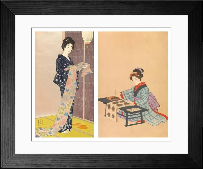 Framed Print : Selection of 2 Japanese painted woodcuts From Left to right: 1 Framed Print : Selection of 2 Japanese painted woodcuts From Left to right: 1