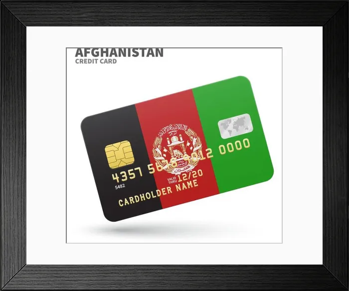 Framed Print : Credit card with Afghanistan flag background for bank, presentations and business. Isolated on white Framed Print : Credit card with Afghanistan flag background for bank, presentations and business. Isolated on white