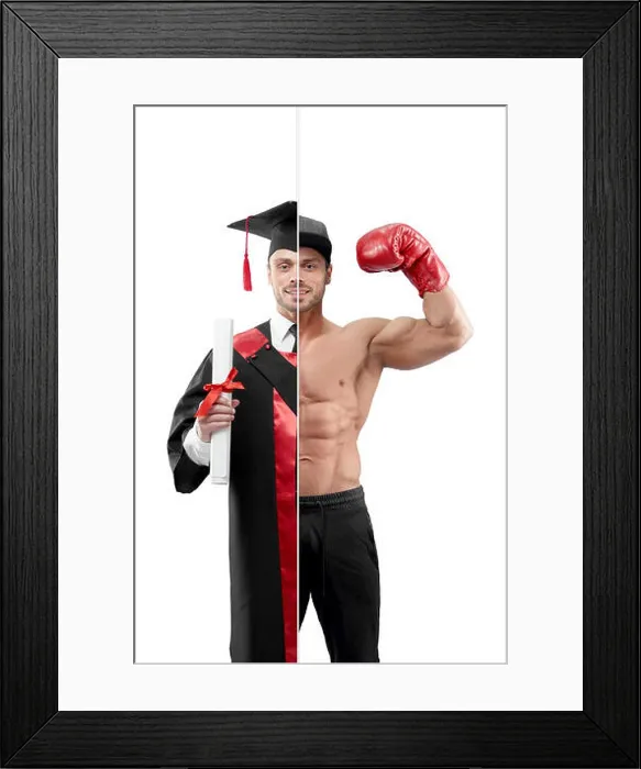 Framed Print : Comparison of university's graduate and boxer's outlook Framed Print : Comparison of university's graduate and boxer's outlook