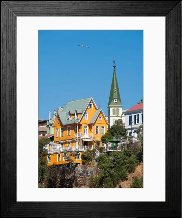 Framed Print : Yellow wooden house and church, Valparaiso, Valparaiso, Chile Framed Print : Yellow wooden house and church, Valparaiso, Valparaiso, Chile