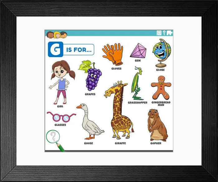 Framed Print : educational cartoon illustration for children with comic characters and objects set for letter G Framed Print : educational cartoon illustration for children with comic characters and objects set for letter G
