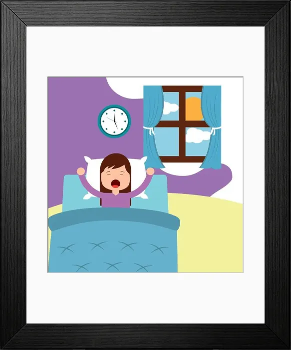 Framed Print : little girl wake up on bed in the morning