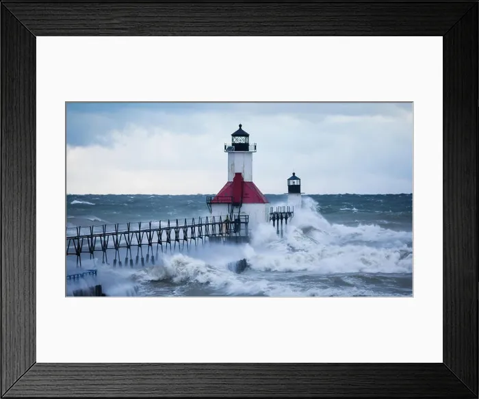 Framed Print : St. Joseph North Pier Lighthouse in a storm Framed Print : St. Joseph North Pier Lighthouse in a storm
