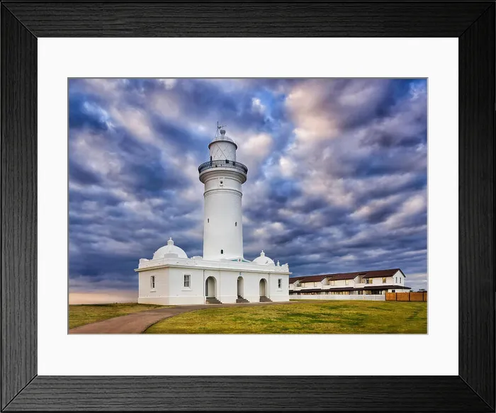 Framed Print : WHite historic MacQuarie lighthouse on Sydney's South head Watsons bay suburb on a cloudy morning Framed Print : WHite historic MacQuarie lighthouse on Sydney's South head Watsons bay suburb on a cloudy morning