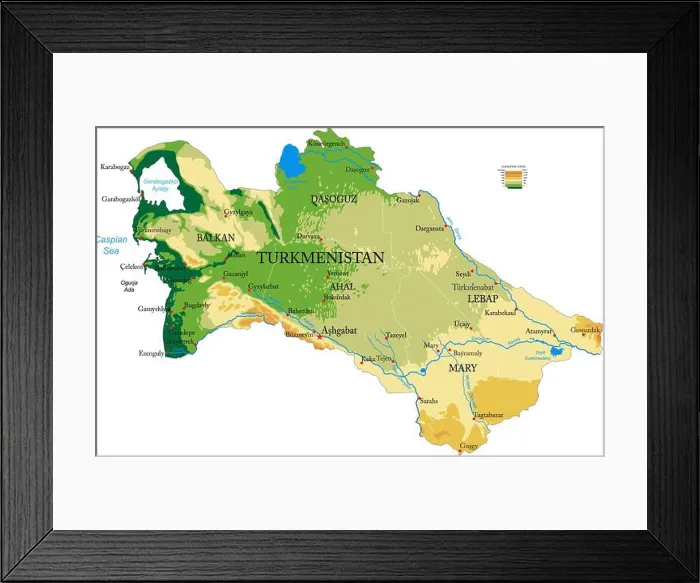 Framed Print : Highly detailed physical map of the Turkmenistan, in vector format, with all the relief forms, regions and big cities Framed Print : Highly detailed physical map of the Turkmenistan, in vector format, with all the relief forms, regions and big cities