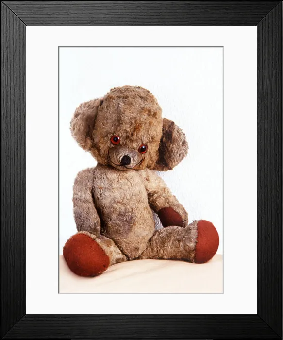 Framed Print : Well loved scruffy old teddy bear seated Framed Print : Well loved scruffy old teddy bear seated