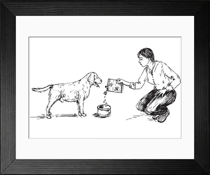 Framed Print : Young woman feeding dog, hand drawn doodle, sketch, black and white illustration Framed Print : Young woman feeding dog, hand drawn doodle, sketch, black and white illustration
