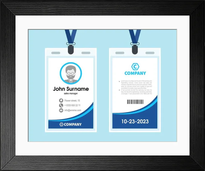 Framed Print : blue Employee ID Card. Design Template identity Framed Print : blue Employee ID Card. Design Template identity
