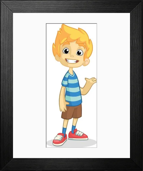 Framed Print : Cute blonde boy waving and smiling. Vector cartoon illustration of a teenager in a striped blue t-shirt presenting Framed Print : Cute blonde boy waving and smiling. Vector cartoon illustration of a teenager in a striped blue t-shirt presenting
