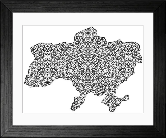 Framed Print : Ukraine map pattern coloring page for adults with sunflowers, peace signs and love Framed Print : Ukraine map pattern coloring page for adults with sunflowers, peace signs and love