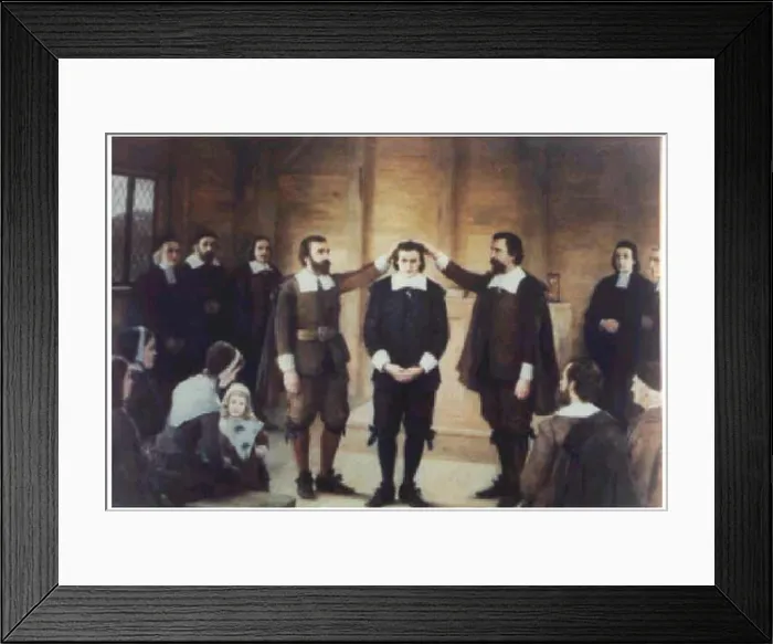 Framed Print : English: Nineteenth-century painting depicting the ordination of Thomas Carter (1608-168) as minister of Woburn