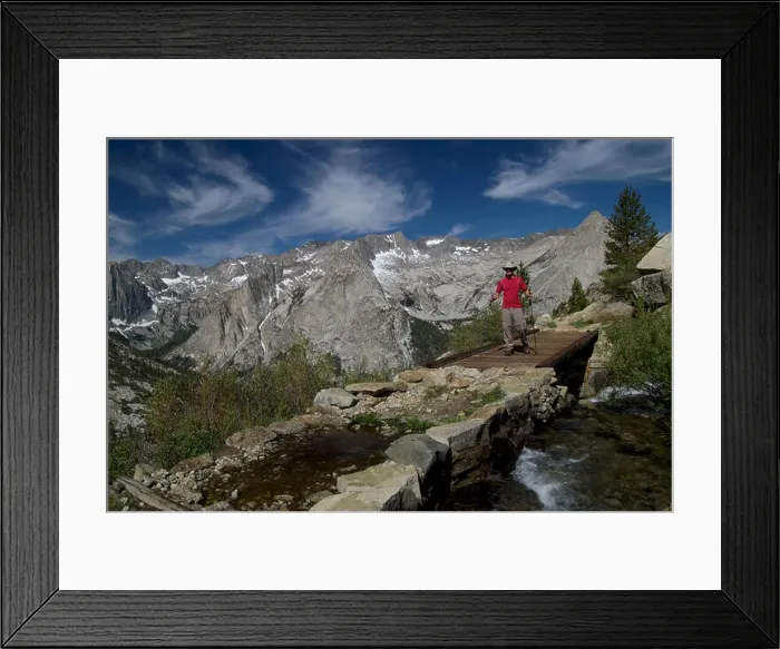 Framed Print : Hiker crossing a bridge above Le Conte Canyon in Kings Canyon National Park California Framed Print : Hiker crossing a bridge above Le Conte Canyon in Kings Canyon National Park California