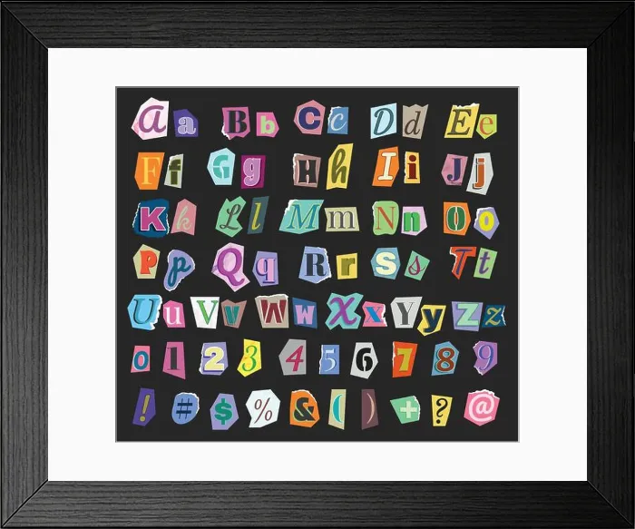 Framed Print : Ransom scrapbook font. Newspaper cutout alphabet for blackmail style collage with numbers Framed Print : Ransom scrapbook font. Newspaper cutout alphabet for blackmail style collage with numbers