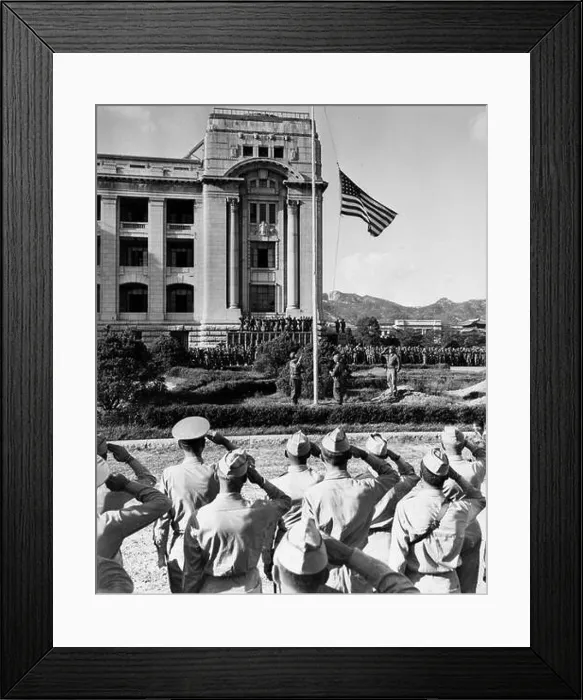 Framed Print : Raising the United States Flag after the Surrender of Japanese Forces in Southern Korea