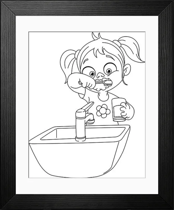 Framed Print : Outlined young girl brushing her teeth. Vector illustration coloring page Framed Print : Outlined young girl brushing her teeth. Vector illustration coloring page