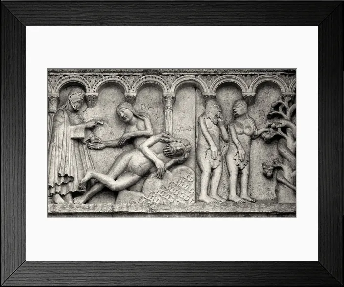 Framed Print : Carving of the Fall of Adam and Eve on the facade of the Cathedral of San Geminiano in Modena, Emilia Romagna, Italy Framed Print : Carving of the Fall of Adam and Eve on the facade of the Cathedral of San Geminiano in Modena, Emilia Romagna, Italy