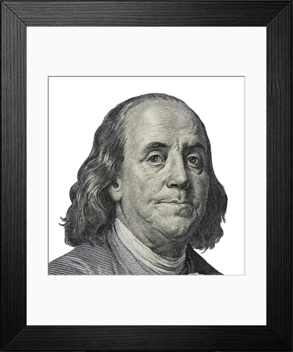 Framed Print : Benjamin Ben Franklin face on US 100 dollar bill closeup isolated, United States of America money close up Framed Print : Benjamin Ben Franklin face on US 100 dollar bill closeup isolated, United States of America money close up