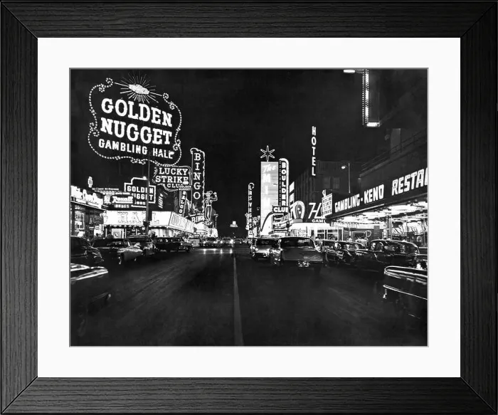 Framed Print : Las Vegas, Nevada: c. 1959 The strip with the Golden Nugget Gambling Hall at the left Framed Print : Las Vegas, Nevada: c. 1959 The strip with the Golden Nugget Gambling Hall at the left