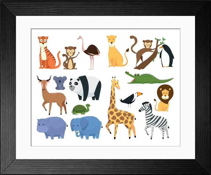 Framed Print : set wild animals in the zoo safari reserve vector illustration