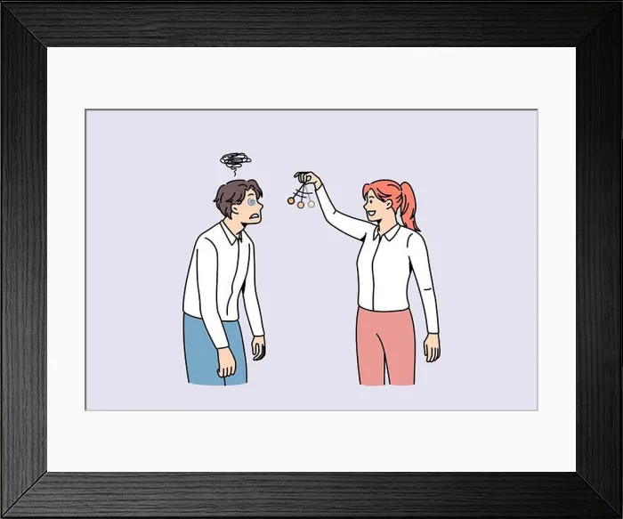 Framed Print : Woman use hypnosis on weak man Framed Print : Woman use hypnosis on weak man