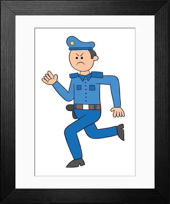 Framed Print : Cartoon police angry and running, vector illustration. Colored and black outlines Framed Print : Cartoon police angry and running, vector illustration. Colored and black outlines