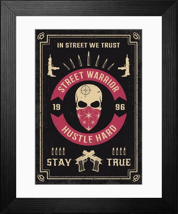 Framed Print : Gangster colored poster with male skull in bandana firearms and bullets on textural black background vector illustration Framed Print : Gangster colored poster with male skull in bandana firearms and bullets on textural black background vector illustration