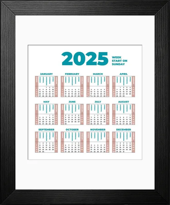 Framed Print : 2025 Calendar template with weeks start on Sunday Framed Print : 2025 Calendar template with weeks start on Sunday