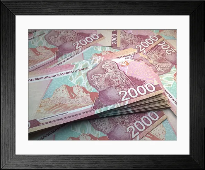 Framed Print : Money of Uzbekistan. Som bills. UZS banknotes. 2000 Uzbek. Business, finance, news background. 3d illustration Framed Print : Money of Uzbekistan. Som bills. UZS banknotes. 2000 Uzbek. Business, finance, news background. 3d illustration