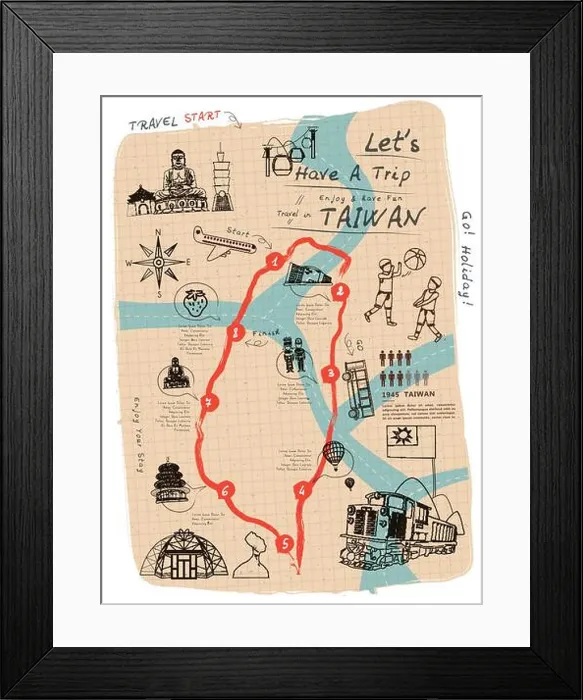 Framed Print : creative Taiwan travel map on notepaper in line style Framed Print : creative Taiwan travel map on notepaper in line style