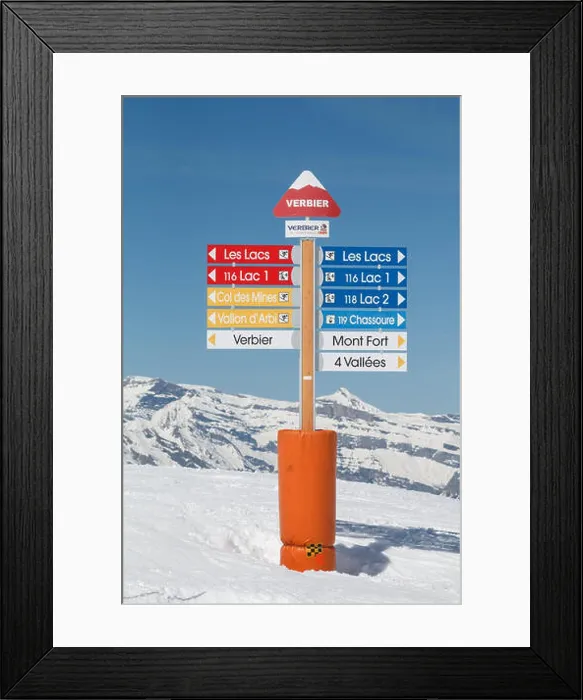 Framed Print : Piste direction sign in the ski resort of Verbier in the Valais, Switzerland. The sign shows ski runs around 'Les Lacs' Framed Print : Piste direction sign in the ski resort of Verbier in the Valais, Switzerland. The sign shows ski runs around 'Les Lacs'