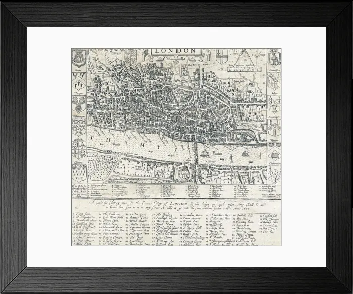 Framed Print : 16th Century Map of London by John Norden (1548-1625) English cartographer, chorographer and antiquary. Dated 1593 Framed Print : 16th Century Map of London by John Norden (1548-1625) English cartographer, chorographer and antiquary. Dated 1593