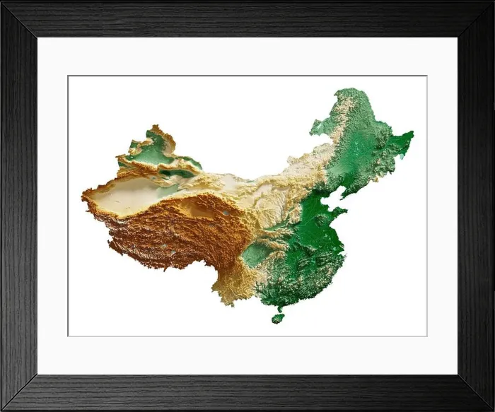 Framed Print : China. Detailed 3D rendering of a shaded relief map with rivers and lakes