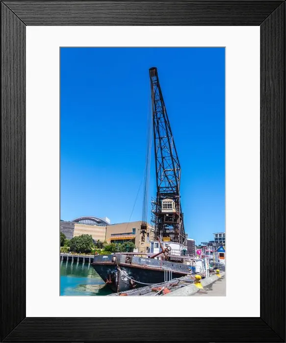 Framed Print : Hikitia, floating steam crane, Te Papa museum and the waterfront, Taranaki Street wharf, Wellington, New Zealand
