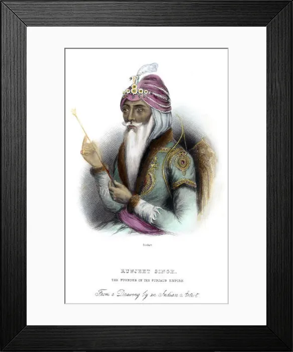 Framed Print : RANJIT SINGH (1780-1839). / nFounder of the Sikh kingdom. Colored line and stipple engraving, English, 19th century Framed Print : RANJIT SINGH (1780-1839). / nFounder of the Sikh kingdom. Colored line and stipple engraving, English, 19th century