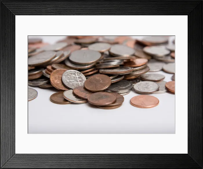 Framed Print : USA coin money on a white background. Penny, dime, quarter, nickel Framed Print : USA coin money on a white background. Penny, dime, quarter, nickel