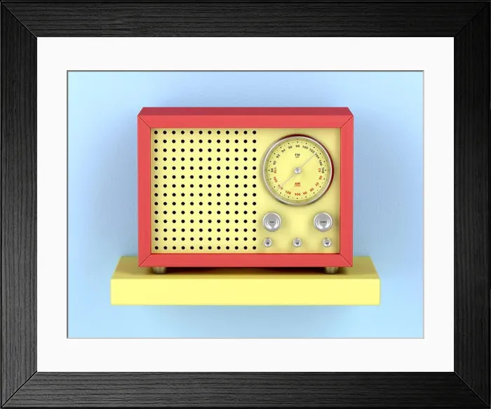 Framed Print : Colorful retro radio on shelf, front view Framed Print : Colorful retro radio on shelf, front view
