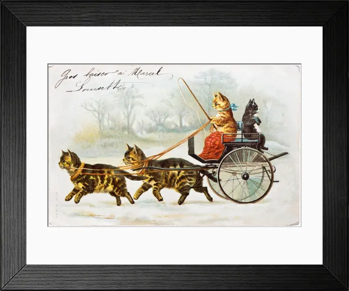 Framed Print : Cats riding and pulling carriage - early 1900s French postcard Framed Print : Cats riding and pulling carriage - early 1900s French postcard