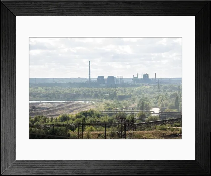 Framed Print : landscape, panorama, view of factory slums with metal hulls and machines for the production of the coking industry Framed Print : landscape, panorama, view of factory slums with metal hulls and machines for the production of the coking industry