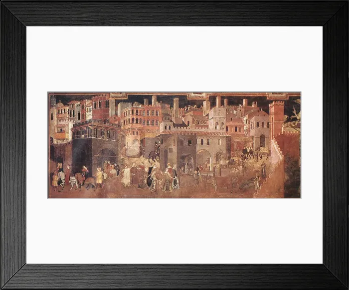 Framed Print : This detailed section of Ambrogio Lorenzetti's Effects of Good Government on the City Life illustrates the positive Framed Print : This detailed section of Ambrogio Lorenzetti's Effects of Good Government on the City Life illustrates the positive