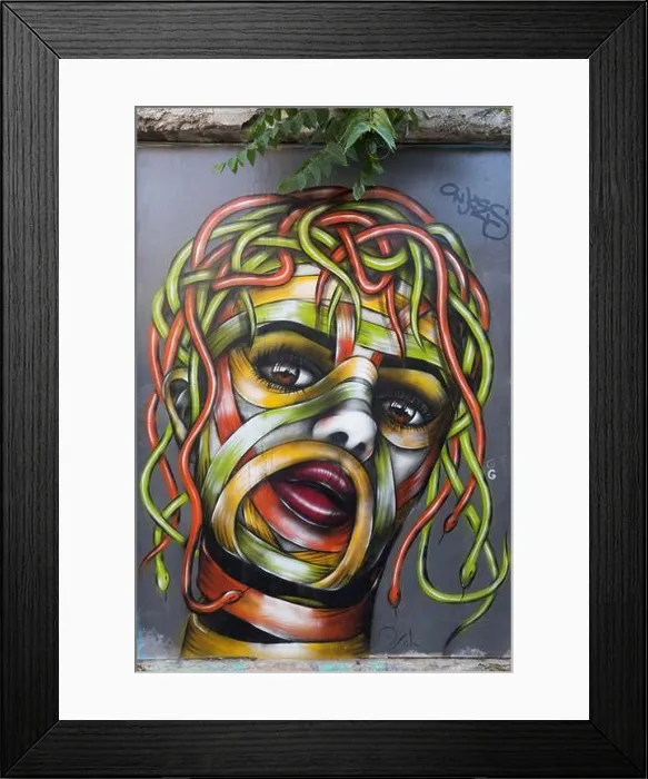 Framed Print : Medusa, female head with hair of colourful snakes, mural in the Anafiotika district, street art, Athens, Greece Framed Print : Medusa, female head with hair of colourful snakes, mural in the Anafiotika district, street art, Athens, Greece