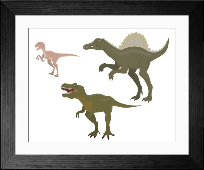 Framed Print : Set of predatory dinosaurs. Velociraptor, spinosaurus and tyrannosaurus in cartoon style Framed Print : Set of predatory dinosaurs. Velociraptor, spinosaurus and tyrannosaurus in cartoon style