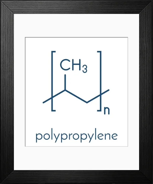 Framed Print : Polypropylene (polypropene, PP) plastic, chemical structure. Skeletal formula Framed Print : Polypropylene (polypropene, PP) plastic, chemical structure. Skeletal formula