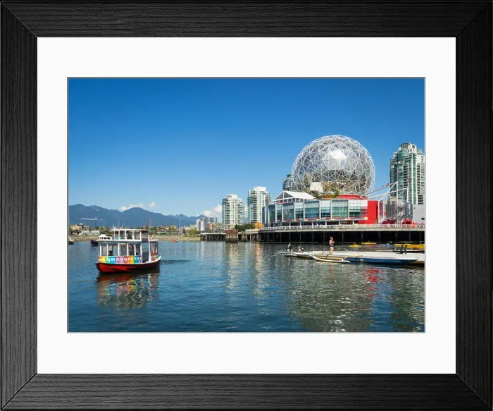 Framed Print : A view of an Aquabus and Science World at Telus World of Science on False Creek in Vancouver, British Columbia, Canada Framed Print : A view of an Aquabus and Science World at Telus World of Science on False Creek in Vancouver, British Columbia, Canada