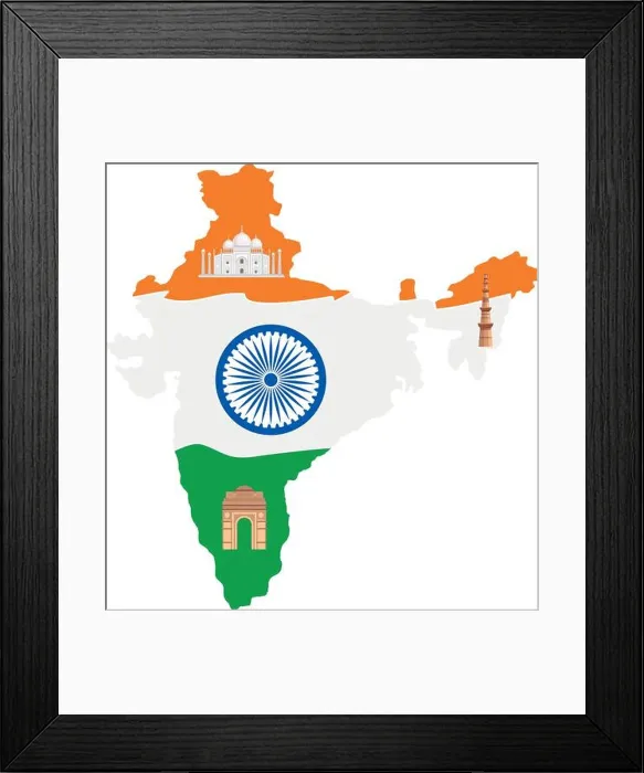Framed Print : map of india with incos traditional, indian symbols Framed Print : map of india with incos traditional, indian symbols