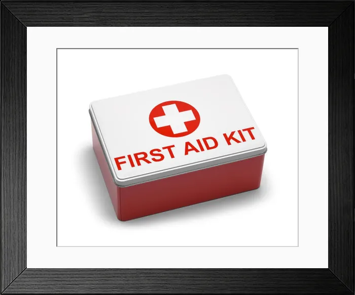 Framed Print : Red and White Metal First Aid Kit Box. Isolated on White Background Framed Print : Red and White Metal First Aid Kit Box. Isolated on White Background