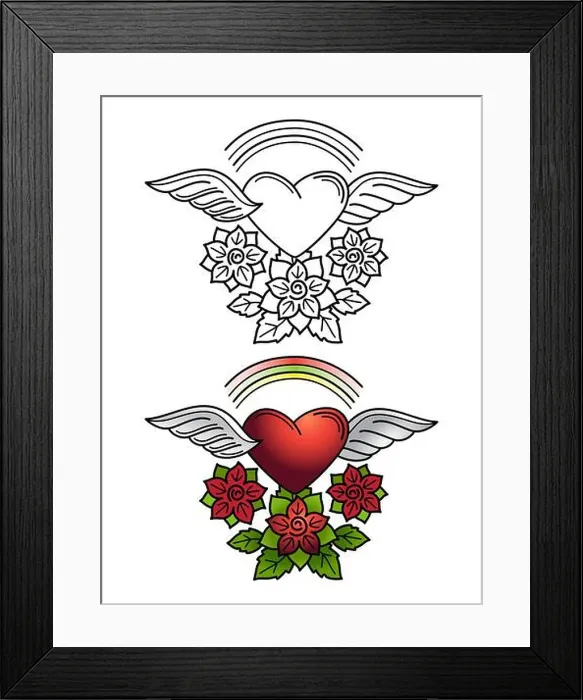 Framed Print : Rainbow, heart, floral ornament tattoo design. Line heart with wings and flowers coloring with color sample Framed Print : Rainbow, heart, floral ornament tattoo design. Line heart with wings and flowers coloring with color sample