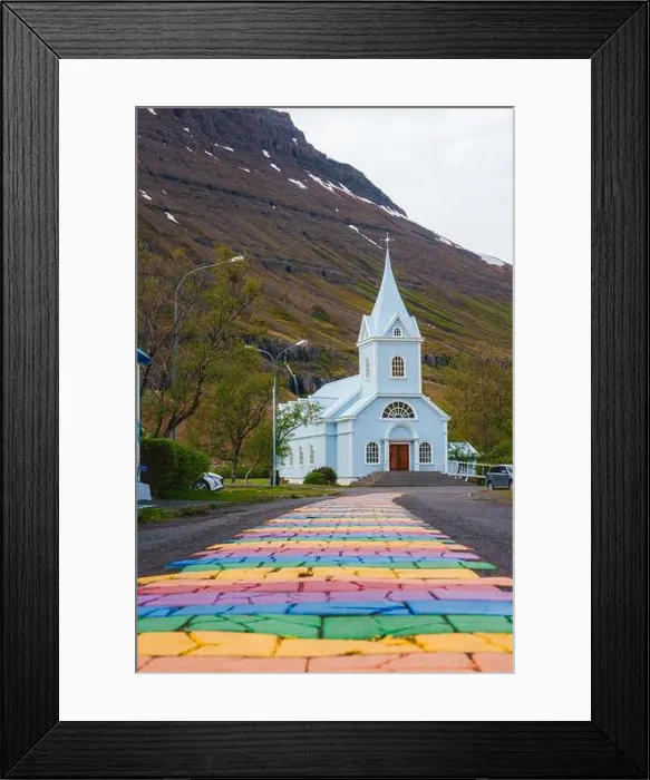 Framed Print : The Blue Church in Seydisfjordur with Multicolored Path and Mountain Backdrop Framed Print : The Blue Church in Seydisfjordur with Multicolored Path and Mountain Backdrop