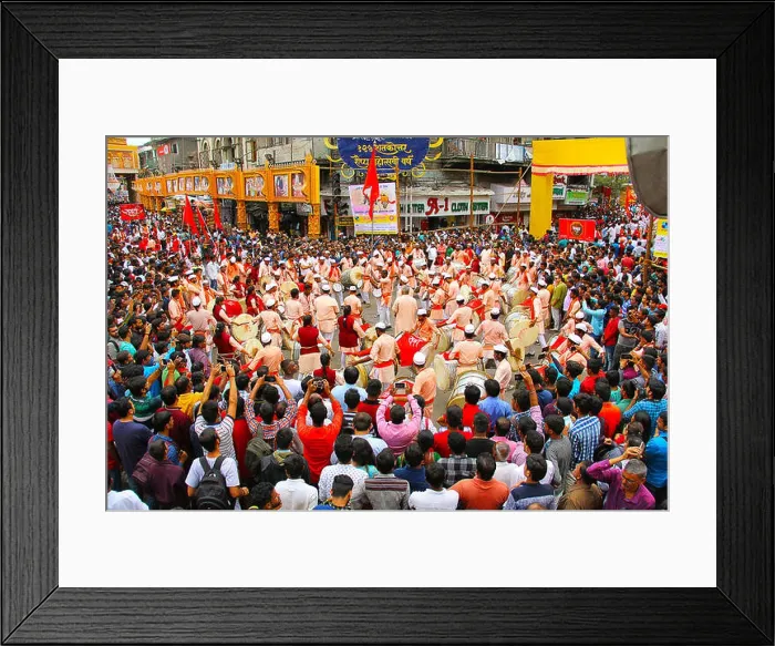 Framed Print : Dhol tasha pathak with crowd celebrating Ganapati festival, Pune Framed Print : Dhol tasha pathak with crowd celebrating Ganapati festival, Pune